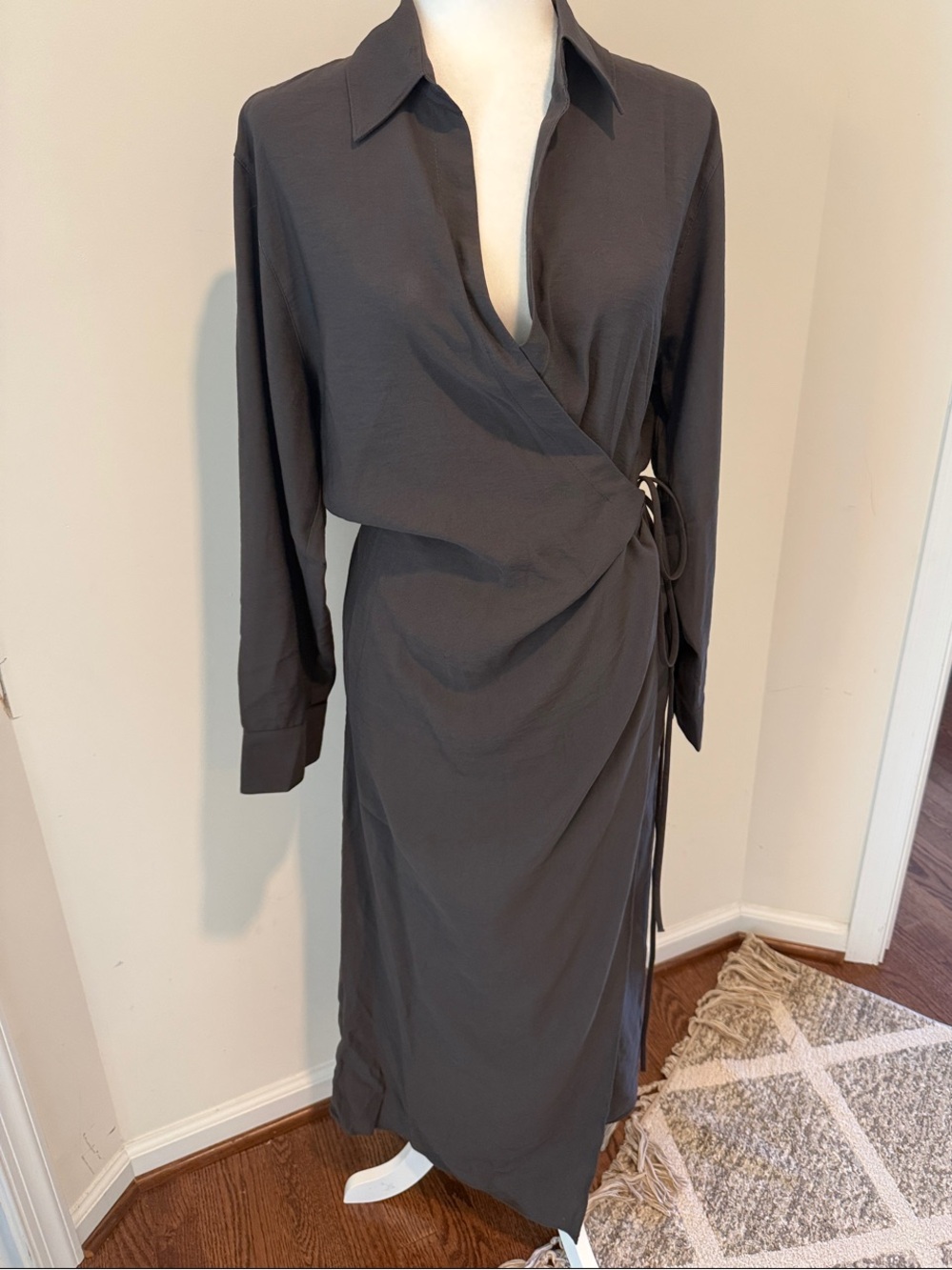 Zara Charcoal Gray Long Sleeve Wrap Maxi Dress